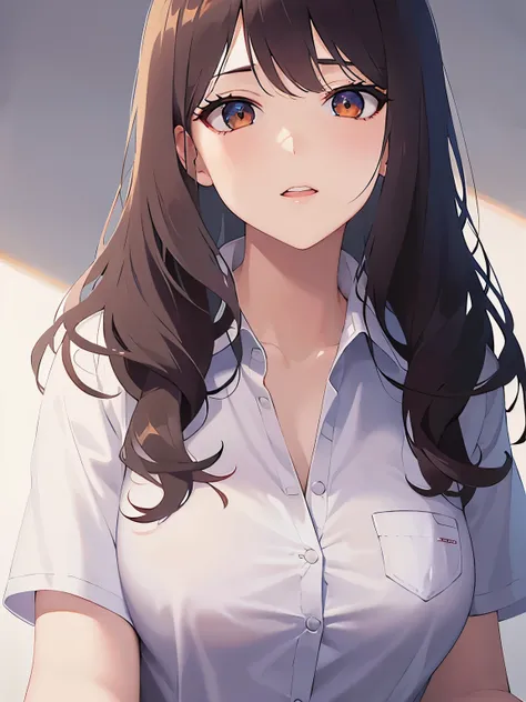 Shooting from below, Upper Body, (pale skin: 1.2), shiny skin, shiny hair、(A 2 woman with medium-length hair and bangs) and (wavy hair) and (brown hair) and (Orange eyes) ,(white short sleeve collared shirt) 、expressionless, The background is an office int...