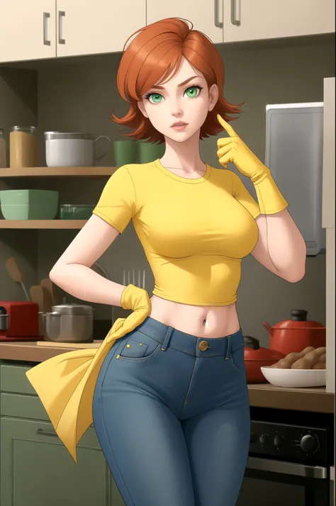 Dexters mom. short hairstyle. ginger. green eyes. small saggy breasts. huge hips. yellow gloves. shirt. jeans. heels. kitchen
