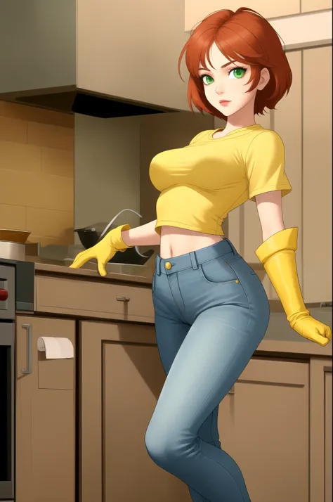 Dexters mom. short hairstyle. ginger. green eyes. small saggy breasts. huge hips. yellow gloves. shirt. jeans. heels. kitchen
