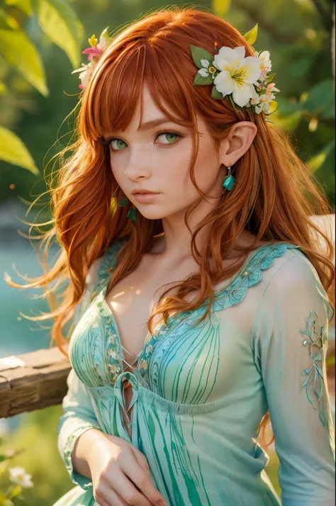 (watercolor: 1.2), elf princess, flower, freckles, bangs, redhead, long hair, green eyes, hair between eyes, flower earrings, bl...