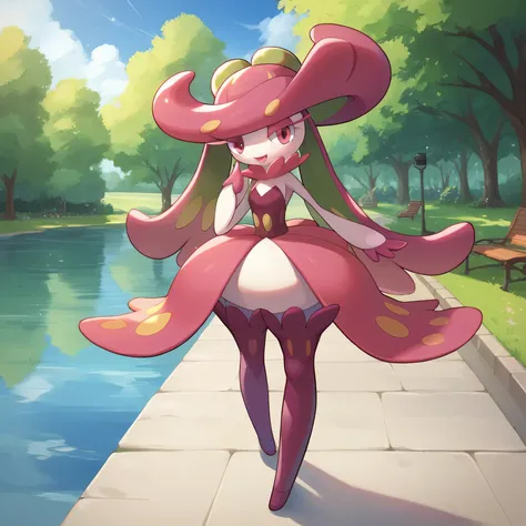 masterpiece:1.2, best quality, (highly detailed), score_9, score_8_up, score_7_up, full body shot, pov, looking at camera, 1girl, tsareena, pokemon, at park, lake in background, standing,