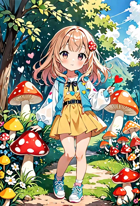 Ultra-realism Yoshitomo Nara colorful style, Simple Line Initialism，Abstract art，(((The most beautiful girl of all time))), Chibi, colorful hearts, kawaii design, sports fashion, (((Mushroom hunting with friends))), (((Cute amoeba)))