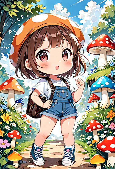 Ultra-realism Yoshitomo Nara colorful style, Simple Line Initialism，Abstract art，(((The most beautiful girl of all time))), Chibi, colorful hearts, kawaii design, sports fashion, (((Mushroom hunting with friends))), (((Cute amoeba)))