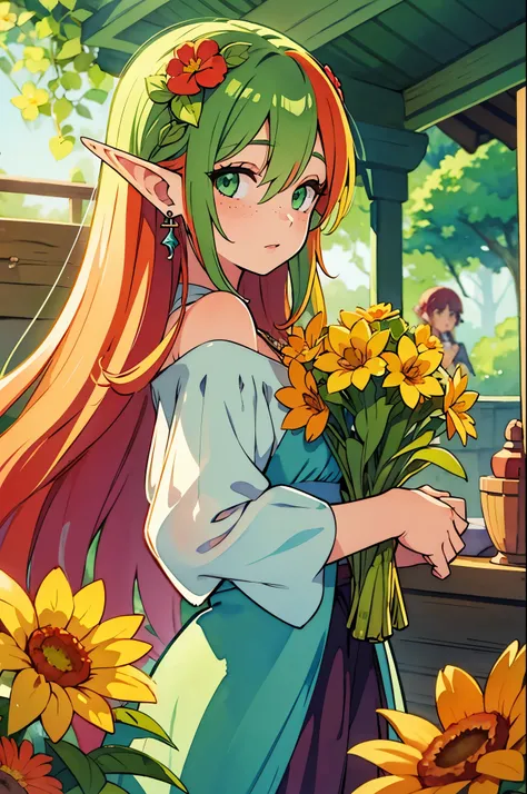 (watercolor: 1.2), elf princess, flower, freckles, bangs, redhead, long hair, green eyes, hair between eyes, flower earrings, blurred background, high resolution  