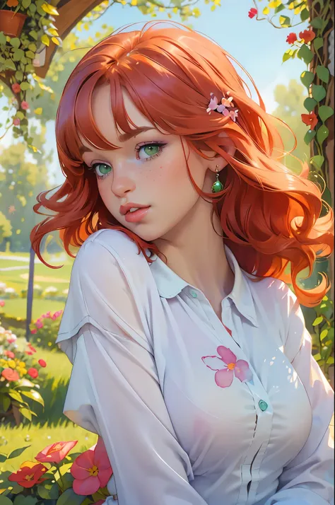 (watercolor: 1.2), maiden princess, flower, freckles, bangs, redhead, long hair, green eyes, hair between eyes, flower earrings, blurred background, high resolution, renatadaninsky 