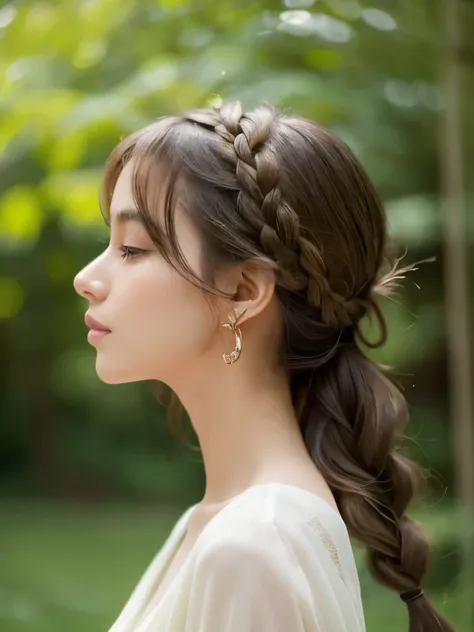 The image showcases a side profile of a young woman, captured from a slightly low angle, gazing upward. She has long, layered, and somewhat messy hair, with strands of green blending into her natural light brown color. Her hair is tied into two loose braid...