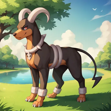 masterpiece:1.2, best quality, (highly detailed), score_9, score_8_up, score_7_up, full body shot, feral side view, looking at viewer, 1boy, looking at viewer, houndoom, pokemon, raised eyebrow, at park, lake in background, standing,