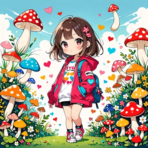 The hyper-realistic and colorful style of Yoshitomo Nara, Simple Line Acronym，Abstract art，(((The most beautiful girl of all time))), Chibi, Colorful hearts, Cute design, Sports Fashion, (((Mushroom hunting with friends))), (((Cute Protozoan)))