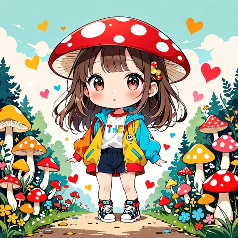 The hyper-realistic and colorful style of Yoshitomo Nara, Simple Line Acronym，Abstract art，(((The most beautiful girl of all time))), Chibi, Colorful hearts, Cute design, Sports Fashion, (((Mushroom hunting with friends))), (((Cute Protozoan)))