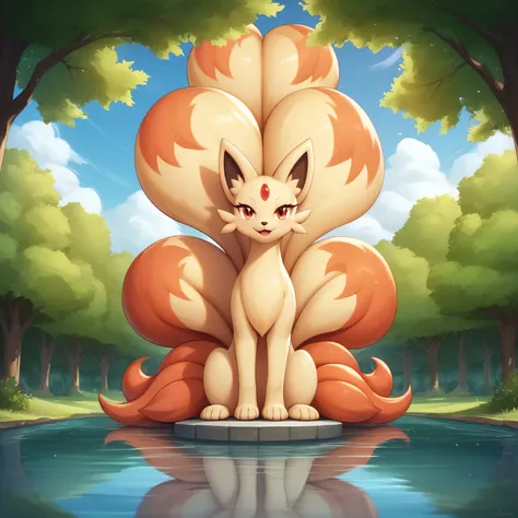 masterpiece:1.2, best quality, (highly detailed), score_9, score_8_up, score_7_up, full body shot, from below, looking at viewer, ninetails, pokemon, at park, lake in background, sitting,