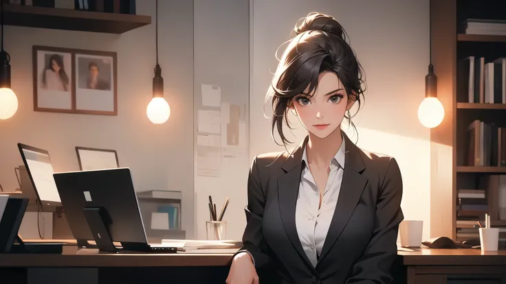 1 woman, office, wearing a black blazer loosely draped over her shoulders, relaxed pose, looking at the camera, professional yet intimate atmosphere