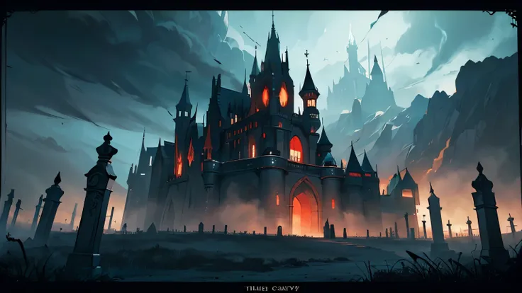 Close-up of a castle with a cemetery in front of it, Dark fantasy art, Dark Fantasy Artwork, Ominous fantasy illustration, Dark fantasy concept art, Dark Fantasy Art, Fantasy Dark Art, Dark fantasy illustration, gothic fantasy art, Medieval dark fantasy, f...