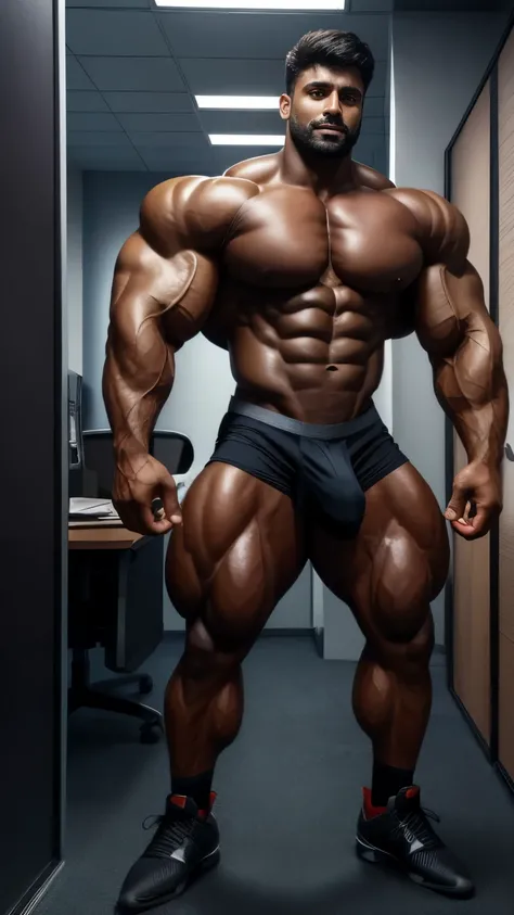 Full body view, Football cleats shoes, 30 years old Desi mascular dark skin jaat with huge wide muscular shoulders, wide chest, abs, masculine wide triceps, arms, biceps, big masculine legs, wide thighs, calfs, black-haired, hair falls on your face, Mesmer...