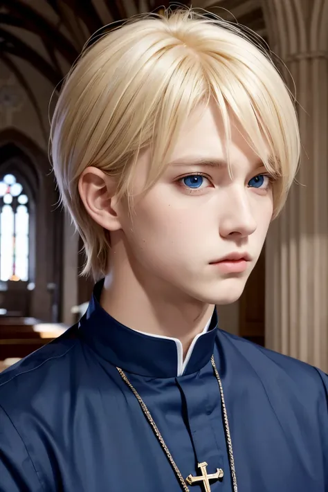 solo,1boy,bishounen,male focus,center part,blonde hair,looking at viewer,blue eyes,beautiful face,emo boy,big eyes,priest,church,