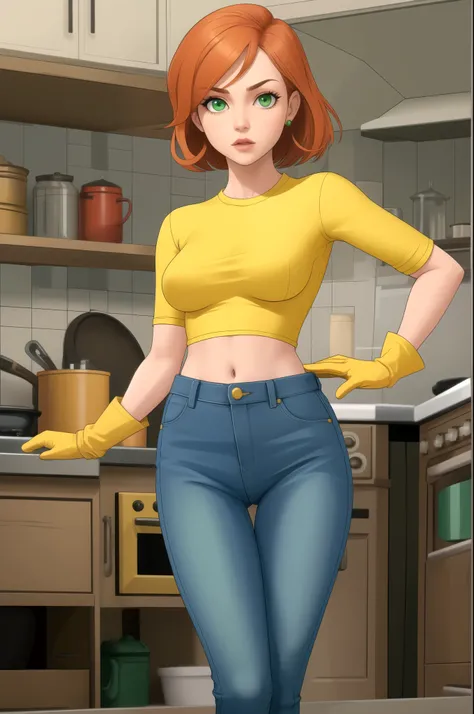 Dexters mom. short hairstyle. ginger. green eyes. small saggy breasts. huge hips. yellow gloves. topless. jeans. heels. kitchen
