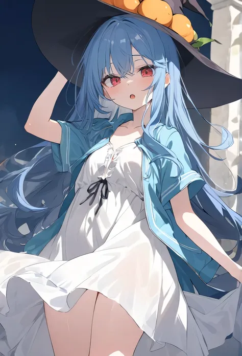 masterpiece，high quality，The best，official art，Beautiful and picky，Very detailed（Fractal Art 1.2），Rich colors，Most detailed，a girl，expressionless，dark blue long hair，long bangs，bright red eyes，pale albinism，barefoot，Wearing a pure white summer dress，Wearin...