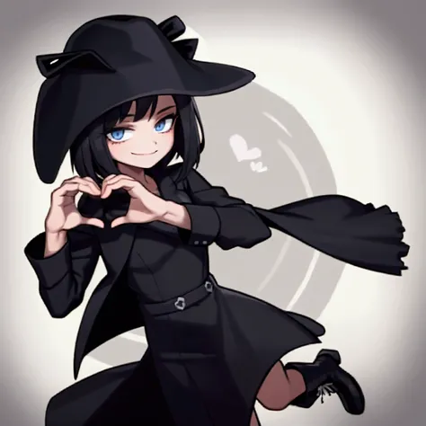 Smiling and heart hands, Black Hat, Black Boots, Black Long Cardigan, White dress, Black hair, Short bob