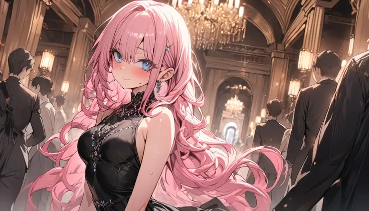 ((masterpiece, best resolution)), 1girl, pink long hair, blue eyes, detailed beautiful eyes, black dress, medium breasts, inside palace background