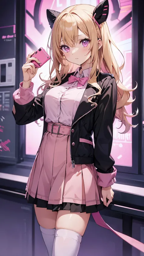 Anime girl wearing a pink dress and black jacket taking a photo masterpiece, high quality, One girl, Improve, Blonde, Pink Eyes, School uniform, thigh high socks, Open shirt、Pink Bra