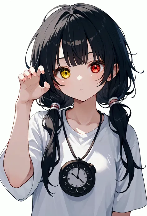 nai3, close up, masterpiece, Highest quality, One person, score_9,score_8_up,score_7_up,source_anime,1girl,solo,TokisakiKurumi,black hair,low twintails,heterochromia,red eye,yellow eye,clock eyes, white t-shirt,oversized shirt,paw_pose, front view, looking...