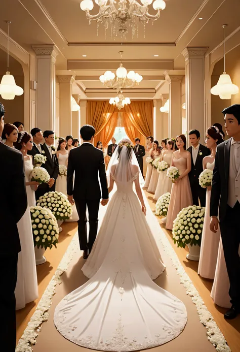 woman from behind, walking towards the exit of a wedding hall, while the guests watch her. Typical wedding decorations are seen, like flowers and lights. The Bride, In the background, He looks at her with a mixture of surprise and sadness.