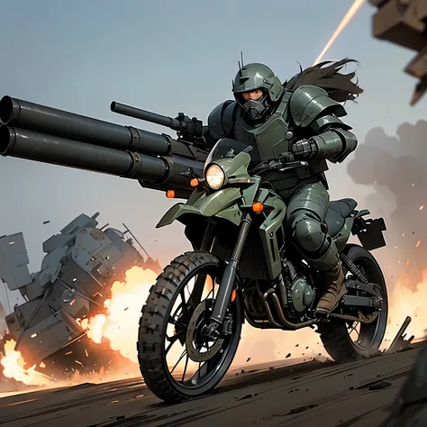 nsfw, anime screencap, 16k, perfect anatomy proportion body, action, A dynamic composition with a sense of speed and movement, (Ride a heavy armored off-road military motorcycle with a cannon:1.6), a wife, 40age, perfect beautiful delicate sexy face, perfe...