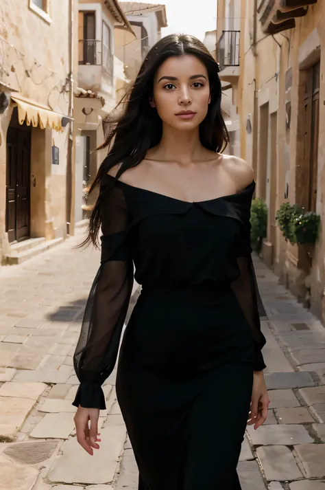 An elegant Spanish woman in a modern and sophisticated black dress. She has long black hair, His bearing is confident and elegant. The image captures a natural and relaxed moment, with a background evoking the Mediterranean atmosphere, maybe a cobbled stre...