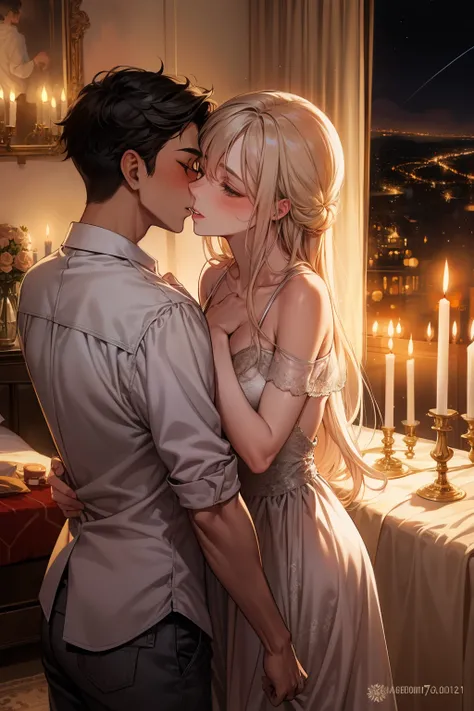 Boy and woman, beautiful woman, kissing each other with passion, in a bedroom, bright room, candles lit, night time,