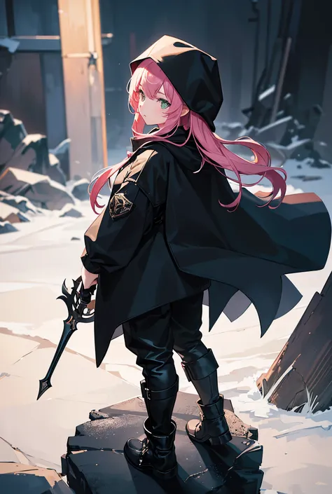  girl, steal, steal, Assassin, Black jacket, Black cause, Black long pants, black cloak, Black gloves, Black boots, Wearing a black hood over his head, Standing in the middle of the jungle, Very full, Light emerald green eyes, Pink hair, Long hair, Serious...