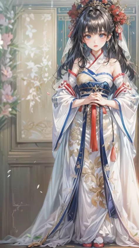 ((Best Quality)),(Ultra-high resolution),(Super detailed),(Detailed Description),((The best CG)),(masterpiece),Highly detailed art,(Art with precise detail:1.5), bride,Black Hair, gorgeous white wedding dress,The dress features intricate lace detailing,A t...