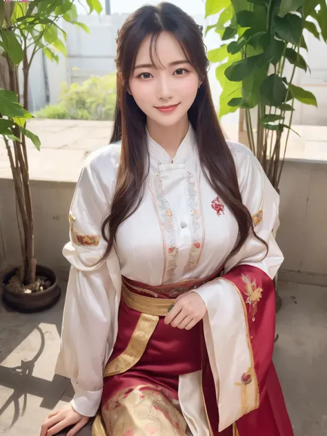 ((real photos:1.3)),((Super detailed)),((sharp:1.5)),1 female, A Korean-style woman walks around the palace,Smiling face。Beautiful breast shape,Hair tied up and fixed with hostas,Makeup,fair complexion and light pink lips,Wearing a bright 저고리 that is made ...