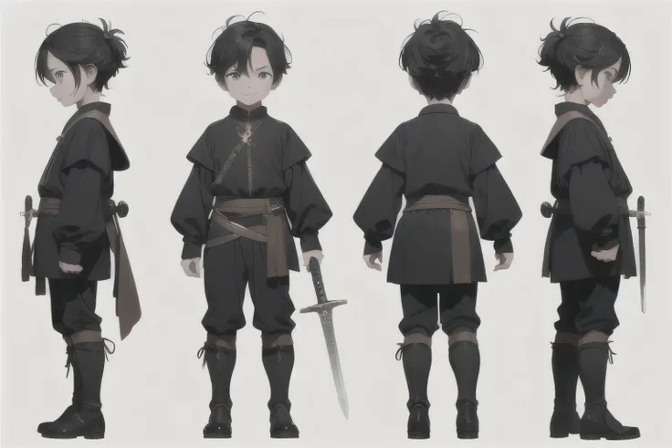 Generate a highly detailed, full-body, backgroundless image of a young boy with a small, child-like build. He has undercut black hair and blue eyes, and is wearing normal medieval kid clothes: a simple white long-sleeved shirt that reaches mid-thigh and bl...