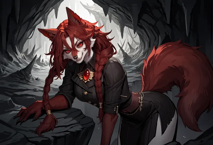 (zPDXL2), (PonyXLV6_Scores), source_anime, source_anthro, Expressiveh, solo, three-quarter portrait, rating_questionable, looking at viewer, asymmetric image BREAK

Wolf Woman, Full Fur, Red Fur, Black Fur, Full Tail, Red Tail, Tail black, straight hair, h...