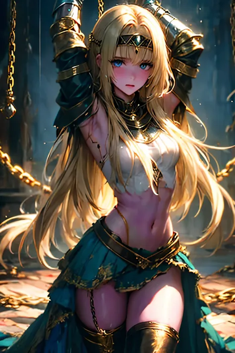 alisha、valkyrie profile、blonde hair、beautiful girl、small breasts、defeat、broken leather breastplate、torn clothes、wearing torn clo...