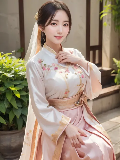 ((real photos:1.3)),((Super detailed)),((sharp:1.5)),1 female, A Korean-style woman walks around the palace，Smiling face。Beautiful breast shape,Hair tied up and fixed with hostas，Makeup，fair complexion and light pink lips，Wearing a bright 저고리 that is made ...