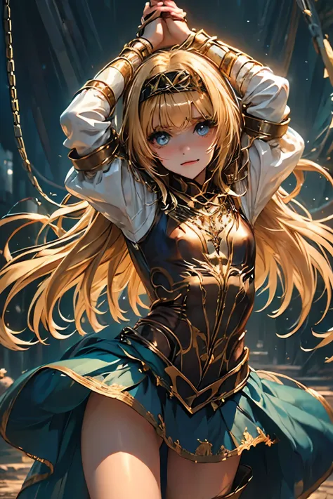 alisha、valkyrie profile、blonde hair、beautiful girl、small breasts、defeat、broken leather breastplate、torn clothes、wearing torn clo...