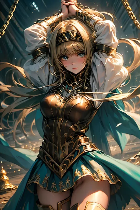 alisha、valkyrie profile、blonde hair、beautiful girl、small breasts、defeat、broken leather breastplate、torn clothes、wearing torn clo...