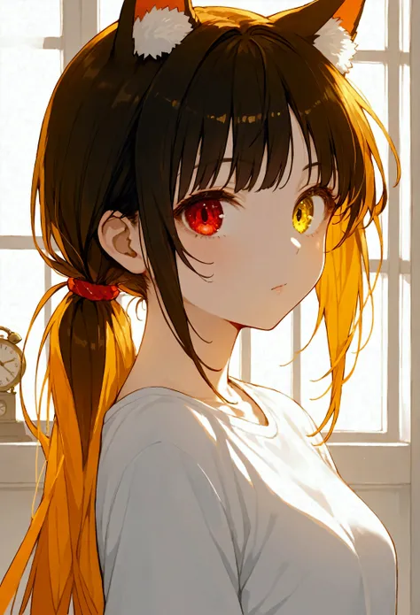 nai3, close up, masterpiece, Highest quality, One person, score_9,score_8_up,score_7_up,source_anime,1girl,solo,TokisakiKurumi,black hair,low twintails,heterochromia,red eye,yellow eye,clock eyes, white t-shirt,oversized shirt,paw_pose, front view, looking...