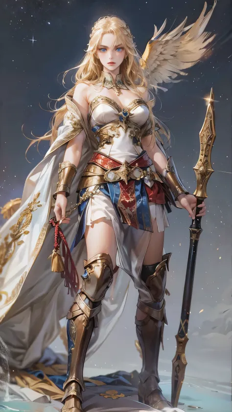 ((Best Quality)),(Ultra-high resolution),(Super detailed),(Detailed Description),((The best CG)),(masterpiece),Highly detailed art,(Art with precise detail:1.5), (Valkyrie:1.5),Legendary Warrior:1.3,Princess,Blonde,Sharp blue eyes,Toned body,Intricate runi...