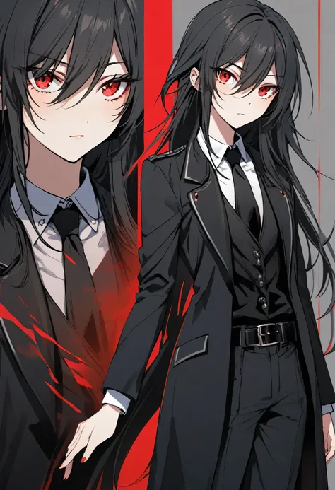 Androgynous woman,Long Hair,Red eyes,Black long coat,tie,shirt,pants