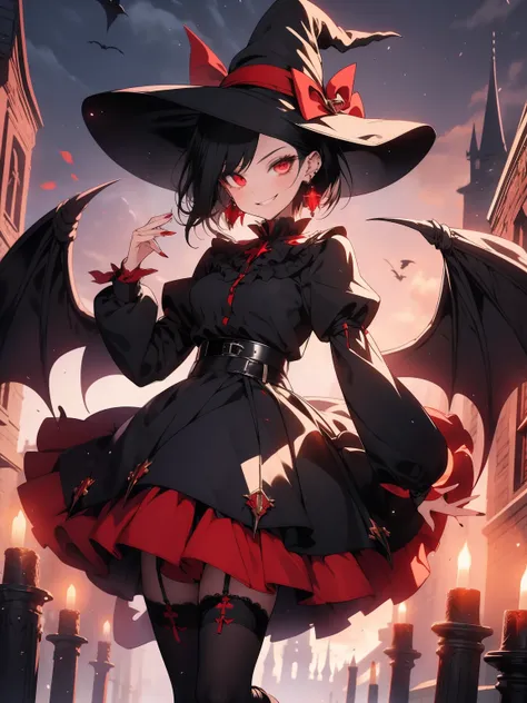 tall female, short black hair, witch, red eyes, earrings, smug smile, puffy shirt, long sleeves, skirt, stockings, ankle boots, gothic scenery, witch hat, background, mansion, full body shot