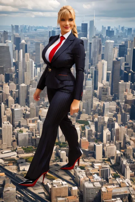 Giantess art, giga giantess in distance walking on through city, a group of women with beautiful curves, massive thighs, blonde hair in a fishtail braid, lipstick, wearing a perfect form-fitting navy blue pinstriped trouser suit and blazer, crisp white shi...