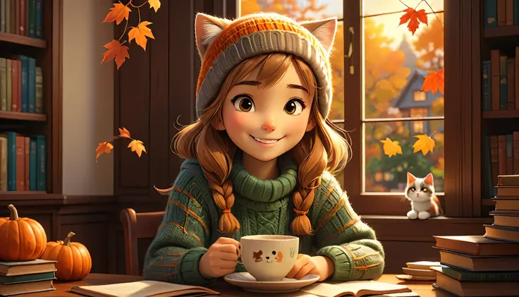 "((Lo-Fi drawing styles:1.5)), A heartwarming, highly detailed 3D-rendered illustration of a young woman in an anime style, sitting near a window in a library in autumn, wearing a cozy knit hat and a matching sweater, joyfully enjoying her meal with a beam...