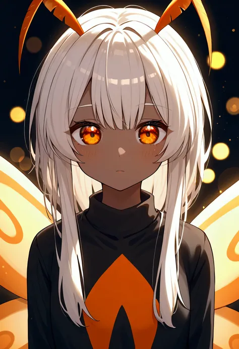 nai3, close up, masterpiece, best quality, bokeh, cute, Moth monster girl with dark-gray skin vivid orange eyes orange and white antennae and yellow and orange moth wings that end in square points with long straight white hair and wearing a long sleeved bl...