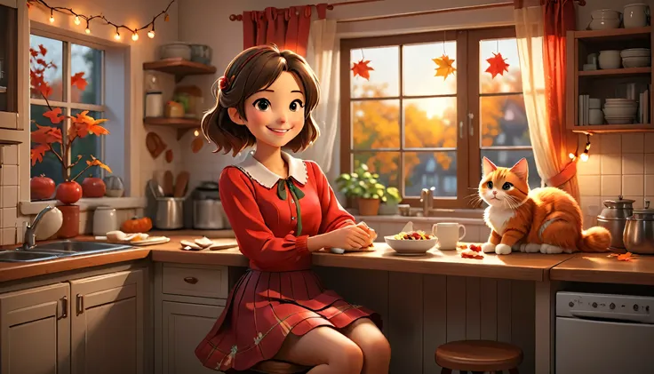 "((Lo-Fi drawing styles:1.5)), A heartwarming, highly detailed 3D-rendered illustration of a young woman in an anime style, sitting in a cozy kitchen after enjoying a delicious meal. She is wearing a stylish red blouse and a matching skirt, beaming with a ...