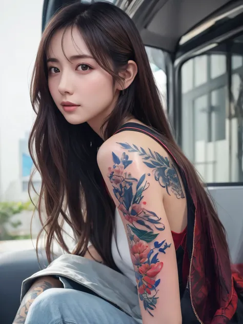 arafad woman with tattoos，tattoo on arm, written by yang j, alena aenami and artistic germ, artistic germ and ruan jia, extremel...