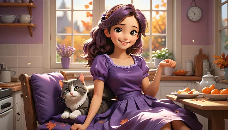 "((Lo-Fi drawing styles:1.5)), A heartwarming, highly detailed 3D-rendered illustration of a young woman in an anime style, reclining on a cozy kitchen chair after enjoying a wonderful meal. She is dressed in a fashionable purple top and a long skirt, her ...