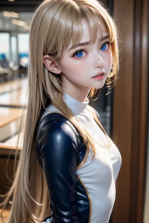 masterpiece,Best Quality,Very detailed,beautiful girl, teenager,Pilot Suit,plane,Small breasts,Narrow waist,Blonde,Perfect Blue Eyes,Very cute,Active pose