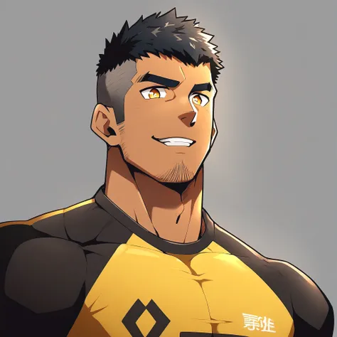 anime characters：Gyee, Young Muscle Sports Teacher, negro black skin, Manliness, male focus, Dark yellow long sleeve tight T-shirt, Slightly transparent texture, Very tight, Slightly transparent, muscular male, muscular, only, Upper body, alone, Black shor...