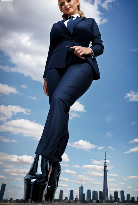 Giantess art, giga giantess in distance, a group of multiple women with beautiful curves, massive thighs, blonde hair in a fishtail braid, lipstick, wearing a perfect form-fitting navy blue pinstriped trouser suit and blazer, crisp white shirt, and a large...